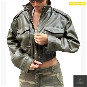 Faux Leather Bomber Jacket Cropped Stand Collar Zip Up Women's XS-L